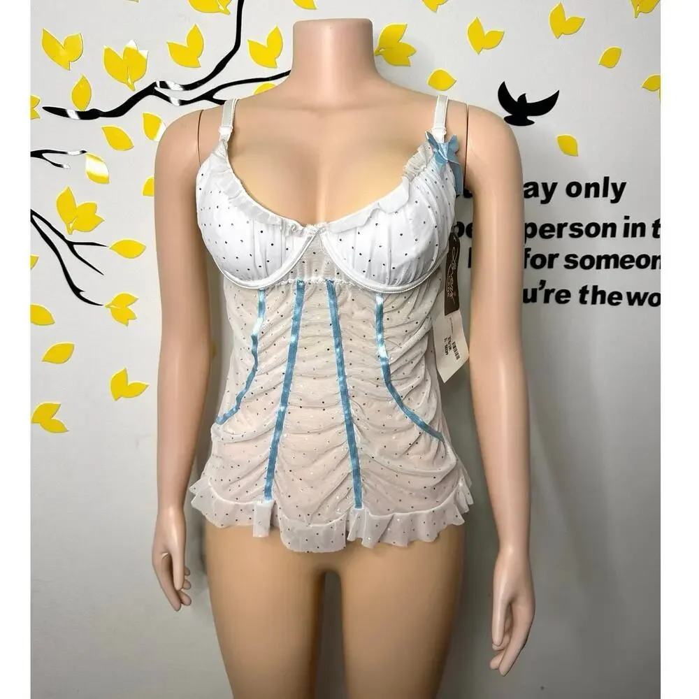 Escante Lover’s Lane Women’s Lingerie Sequin Cami‎ Set Blue Ribbon Size 1x White - Picture 3 of 12